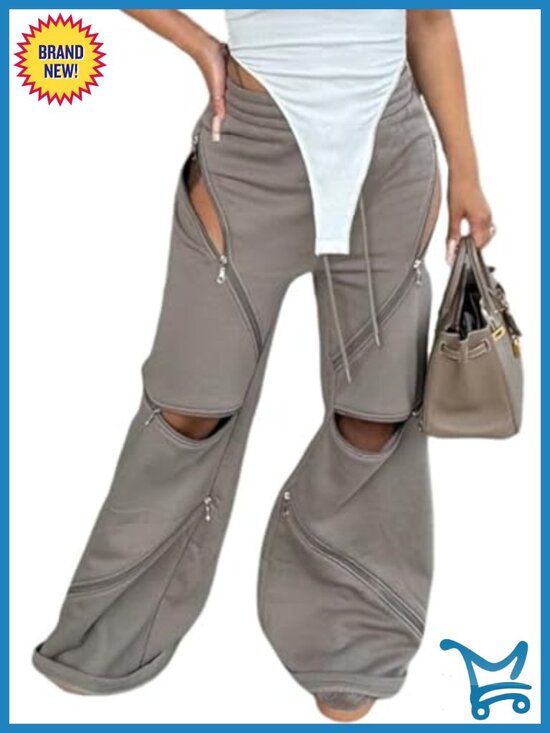 Pants - Wide Leg Baggy Sweatpants High Waisted Y2K Multi Zipper Drawstring Cargo Pants